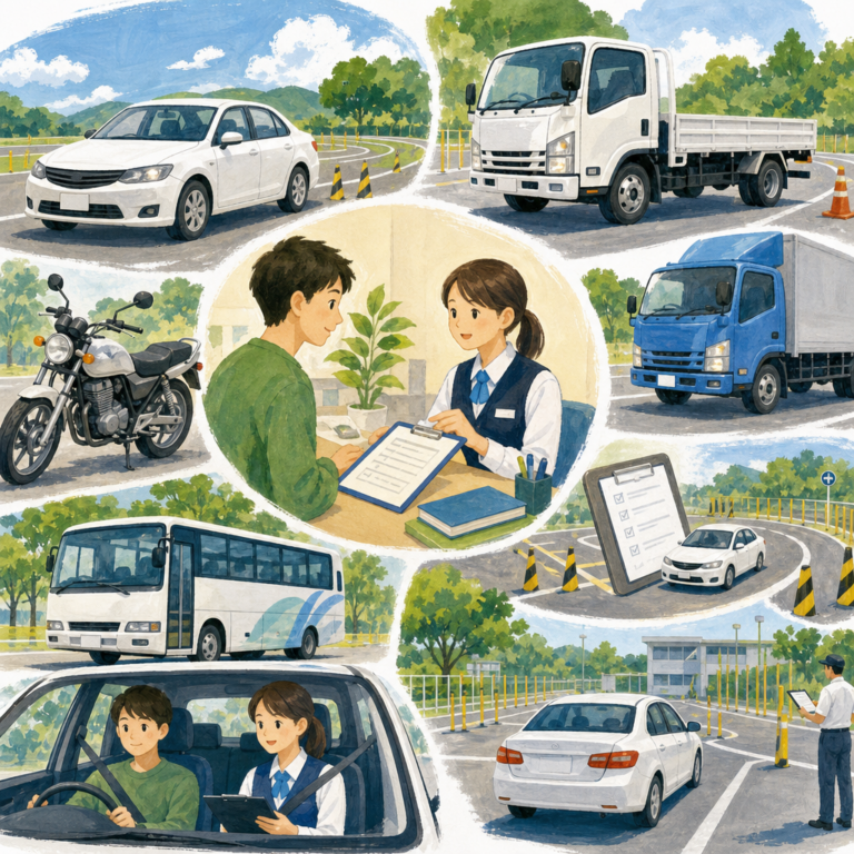 普通・準中型・二輪、無料送迎バスと検定段取り