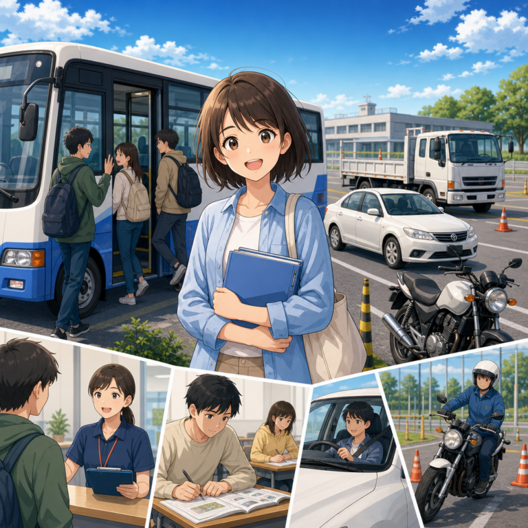 無料送迎バスで通う準中型入校と検定日の準備